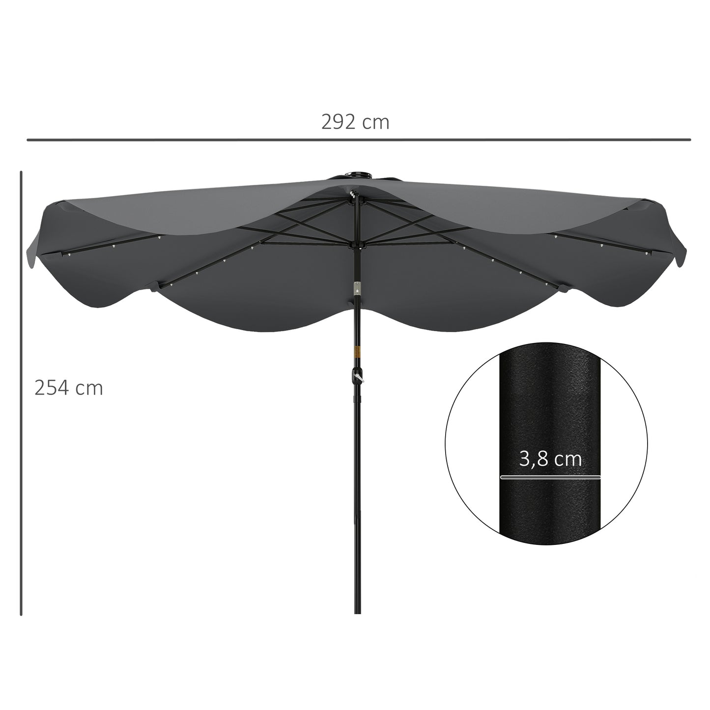 Outsunny Sombrilla De Jardín Ø292x254 Cm Con 32 Luces Led Solares Gris Oscuro_2