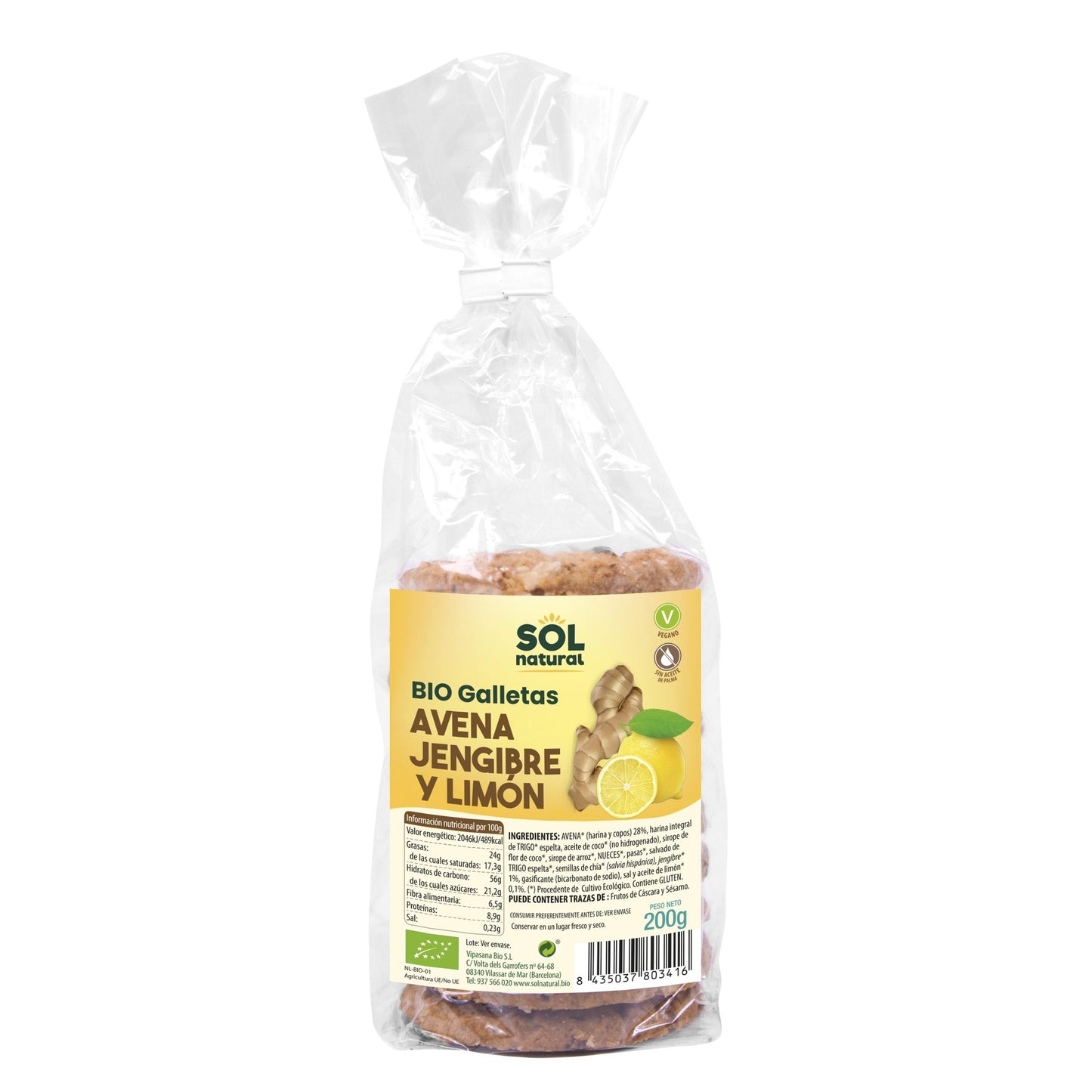 Bolachas Biológicas de Aveia, Gengibre e Limão Sol Natural 200g