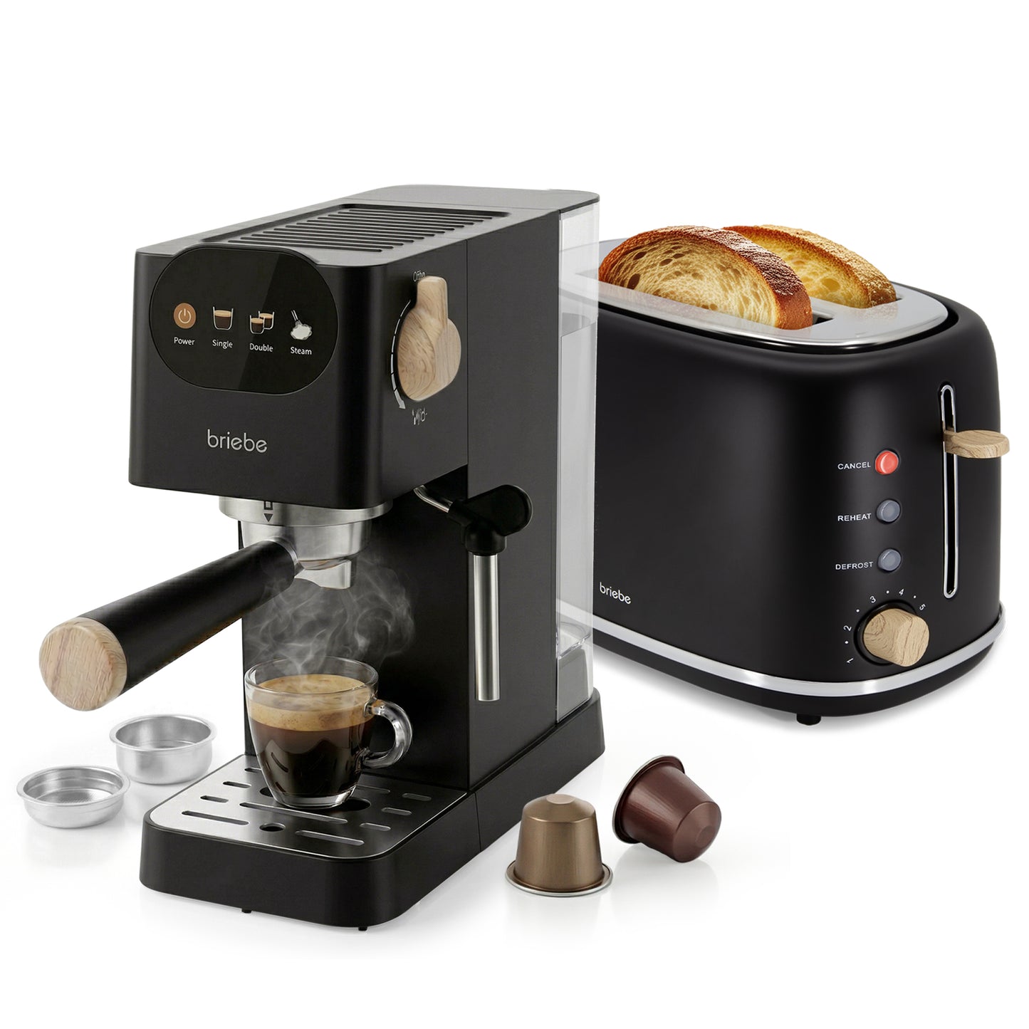 Briebe Nordic Set Cafetera 20 Bares Cápsulas, Café Molido Espumador Leche Tostadora 2 Rebanadas Anchas, Skt1221blk,negro_0