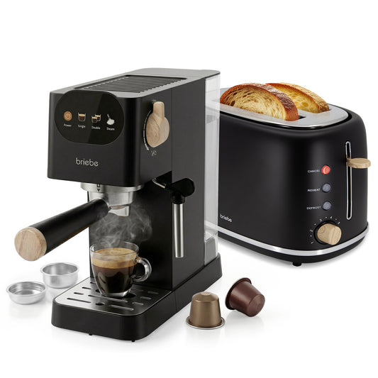 Briebe Nordic Set Cafetera 20 Bares Cápsulas, Café Molido Espumador Leche Tostadora 2 Rebanadas Anchas, Skt1221blk,negro_0