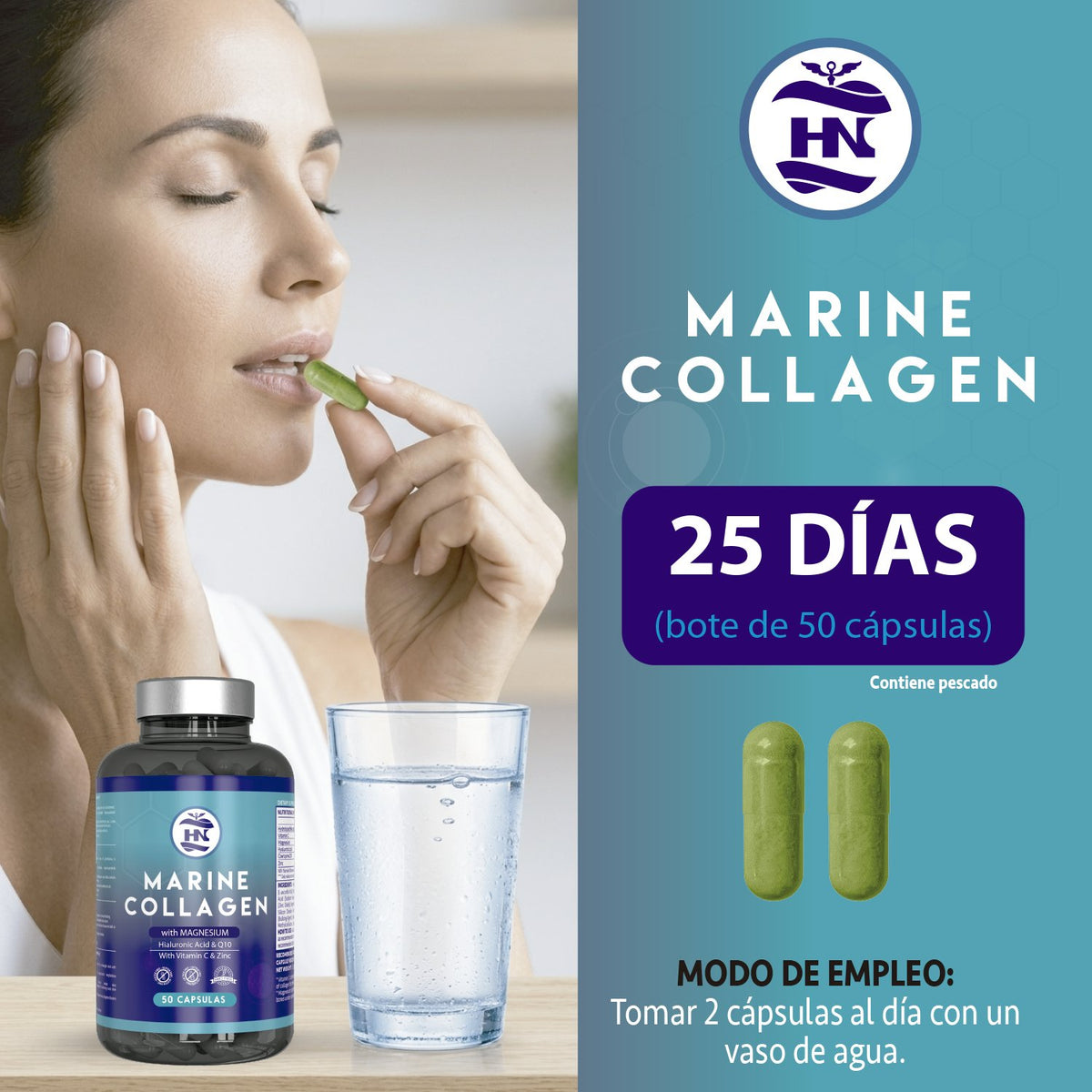 Pack 2 X Colágeno Marino Hidrolizado Con Ácido Hialurónico, Vitamina C, Q10, Zinc Y Magnesio - 2 X 50 Cápsulas_3