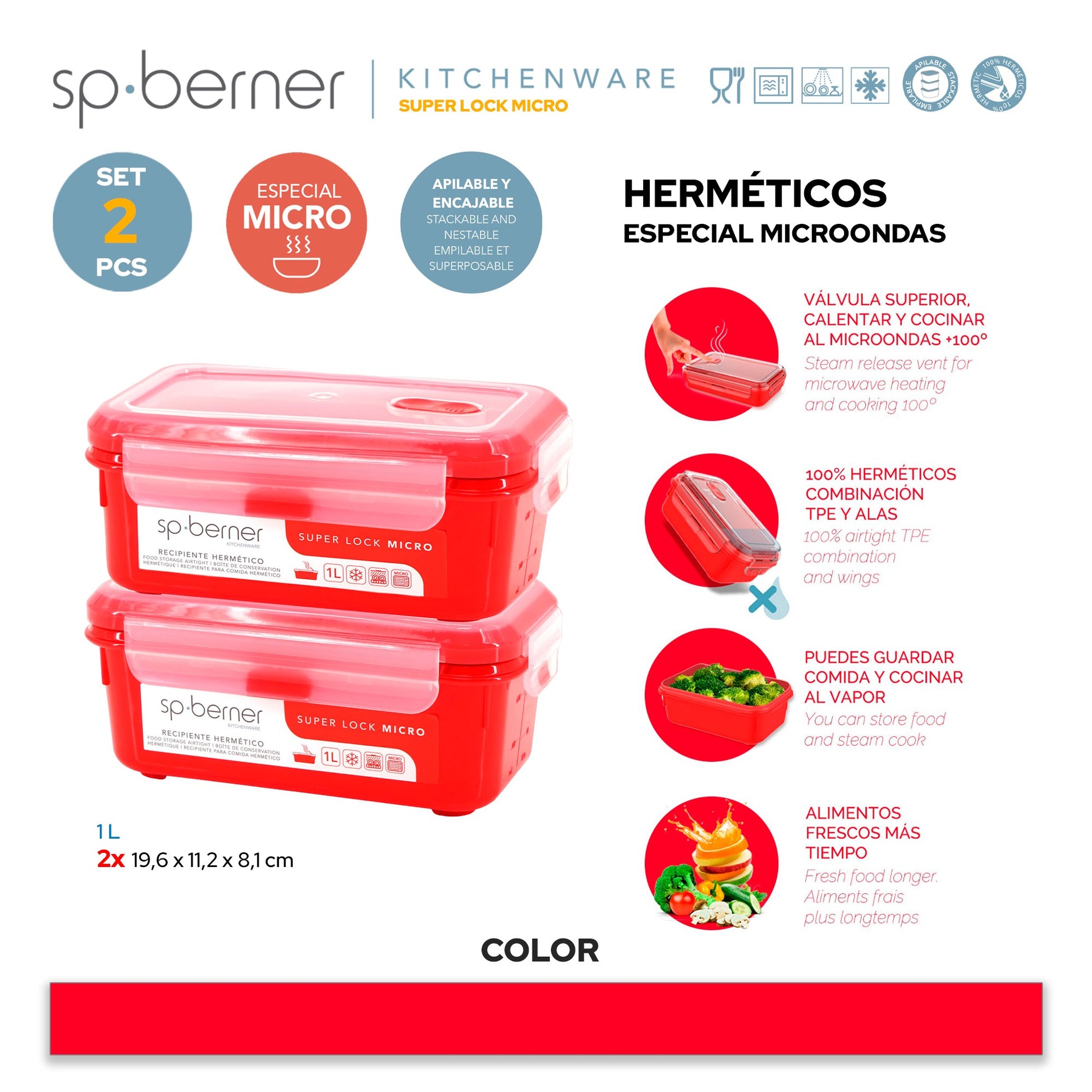 2x Herméticos Super Lock Micro 1 L., Aptos Para Cocinar Al Vapor En El Microondas, Ideal Transporte Y Almacenamiento De Alimentos, Cierre Clip_2