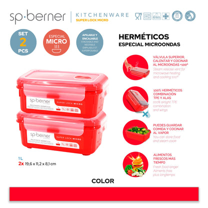 2x Herméticos Super Lock Micro 1 L., Aptos Para Cocinar Al Vapor En El Microondas, Ideal Transporte Y Almacenamiento De Alimentos, Cierre Clip_2