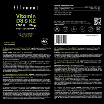 Vitamina D3 + K2, Colecalciferol (2000 UI) e MK-7 (150 μg) Zenement, 200 comprimidos