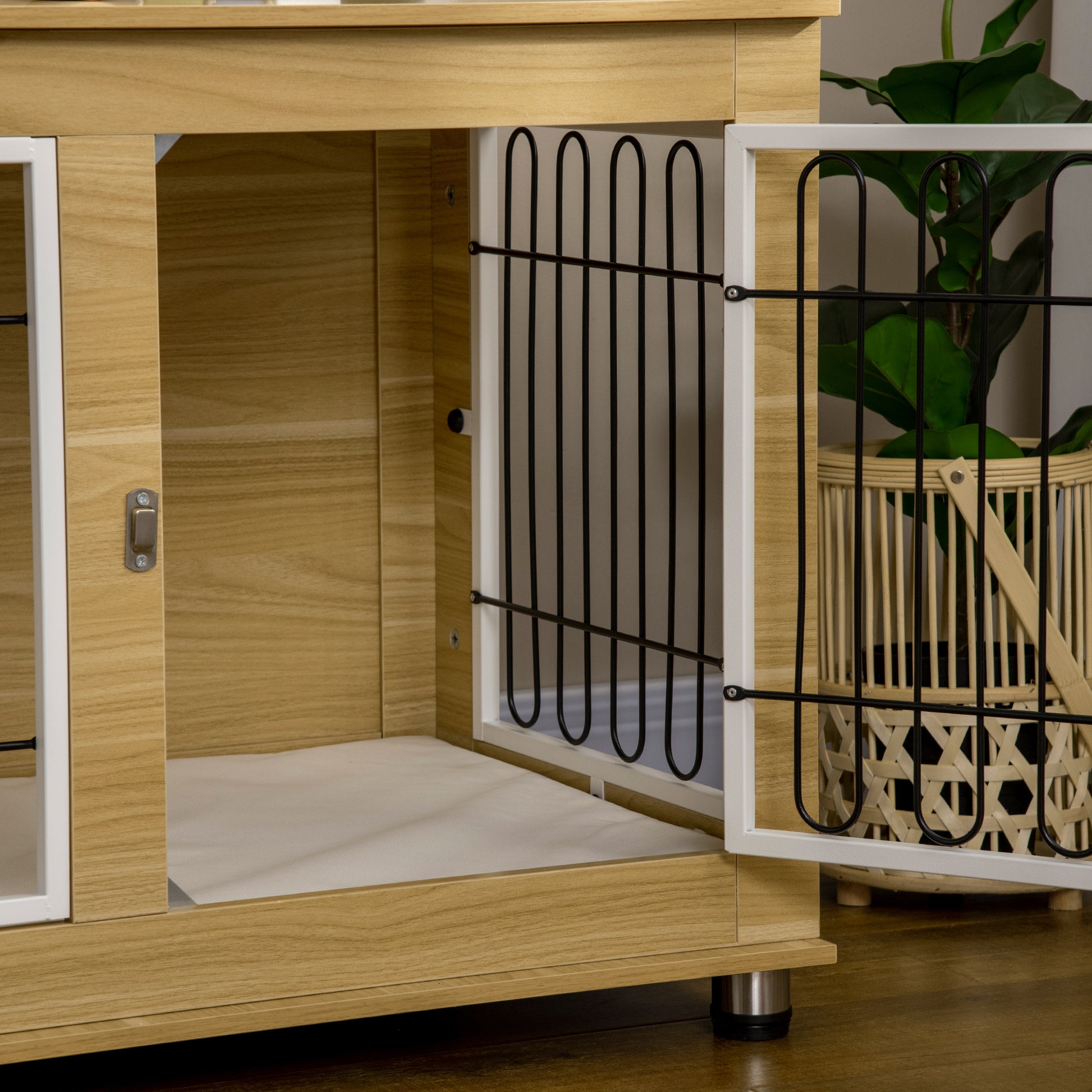 Pawhut Jaula Para Perros Con Cojín Lavable Estructura De Acero 90x58x65 Cm Roble_4