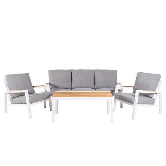 Conjunto De Sofás De Jardín, Mesa De Aluminio Con Tablero De Madera + 2 Sillones + 1 Sofá De 3 Plazas, Color Blanco_0
