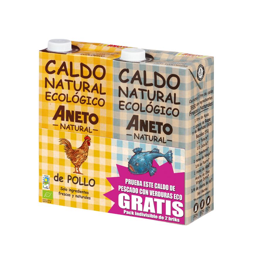 Embalagem de 1L de caldo de galinha biológico natural + 1L de caldo de peixe biológico Aneto GRÁTIS