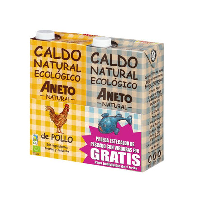 Embalagem de 1L de caldo de galinha biológico natural + 1L de caldo de peixe biológico Aneto GRÁTIS
