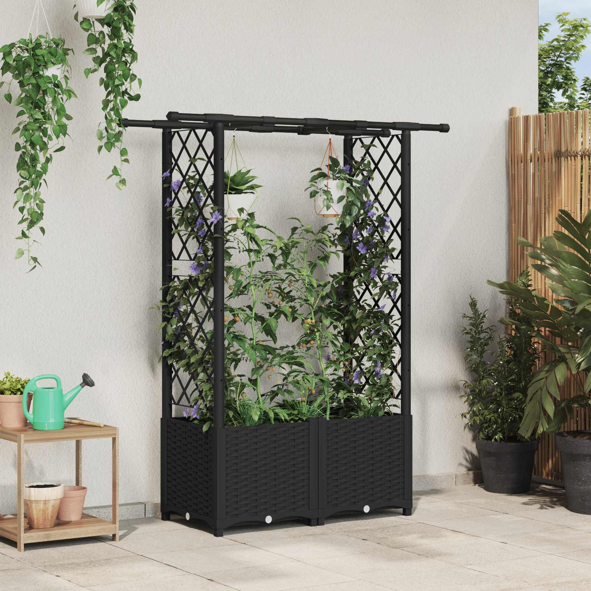 Cama Elevada Con Trellis Y Techo Negro 124,5 X 40 X 136 Cm Pp_1
