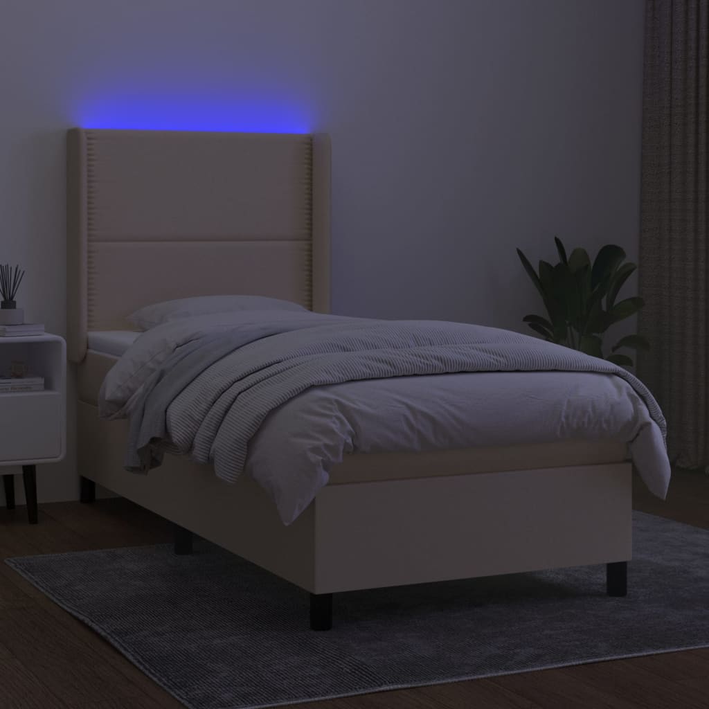 Cama Box Spring Colchón Y Luces Led Tela Crema 80x200 Cm / Vetonek_1