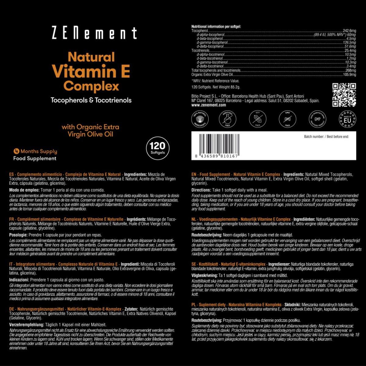 Zenement Complexo de vitamina E natural, tocoferóis e tocotrienóis, 120 comprimidos