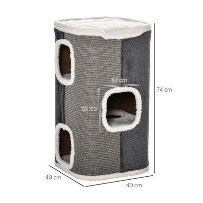 Pawhut Barril Rascador Para Gatos 74 Cm Con 3 Cuevas De Sisal Felpa Y Plataforma_2