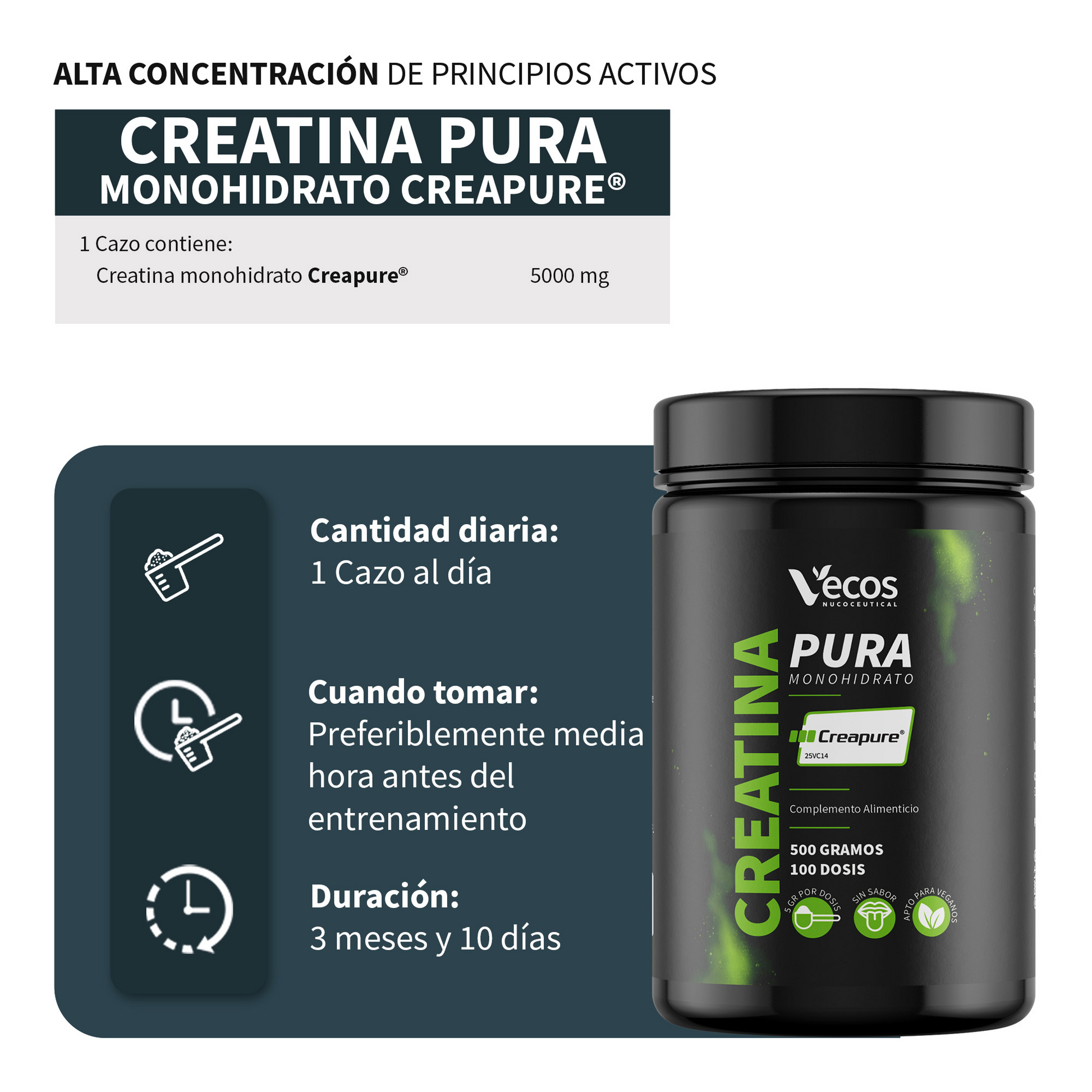 Creatina Monohidrato Creapure® Vecos 500 G | Fuerza, Potencia Y Rendimiento | 5000 Mg De Alta Pureza Por Dosis_2