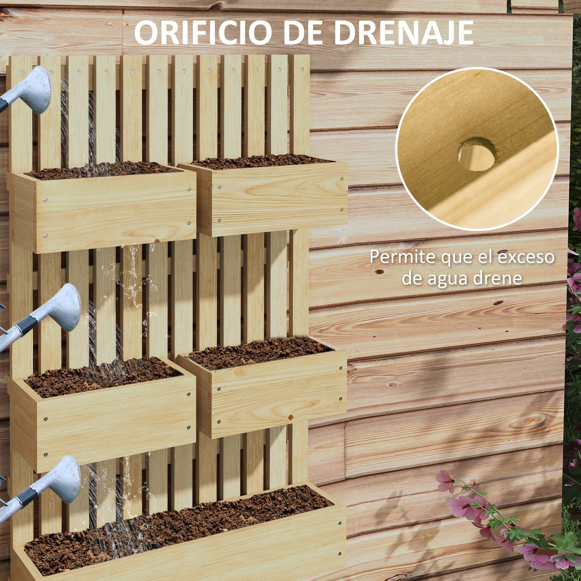 Outsunny Jardinera De Pared Con Enrejado De Madera 5 Macetas Móviles 60x16x100cm_5