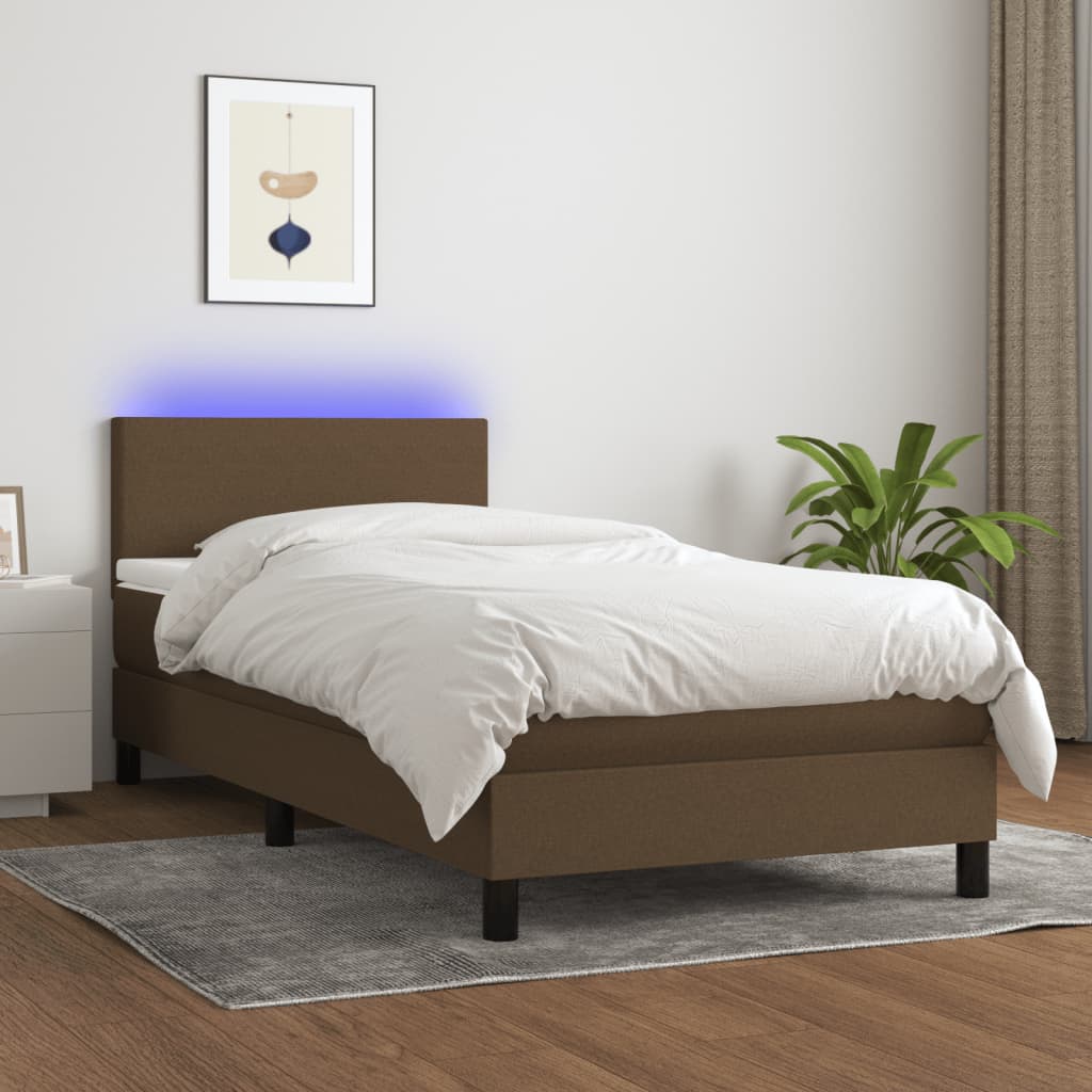 Cama Box Spring Con Colchón Led Tela Marrón Oscuro 100x200 Cm / Vetonek_5