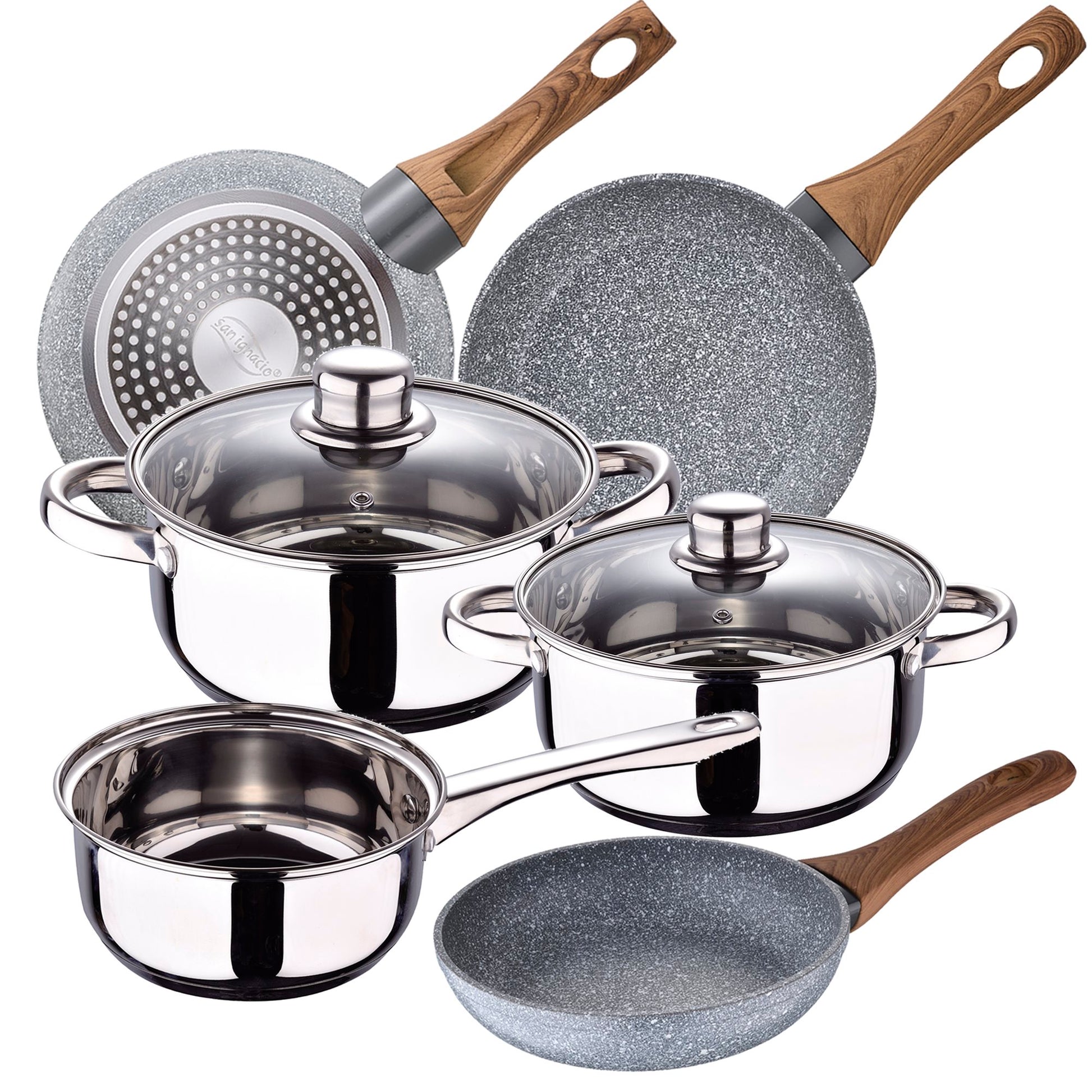 Bateria De Cocina San Ignacio Cassel De Acero Inoxidable Con Juego De Sartenes (22/24/26 Cm) San Ignacio Daimiel En Aluminio Forjado