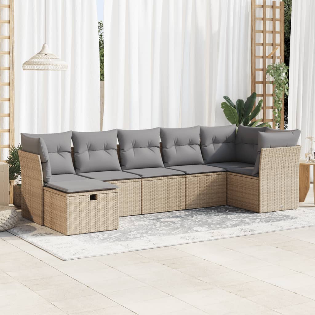 Set Sofás De Jardín 7 Piezas Y Cojines Ratán Sintético Beige / Vetonek_1
