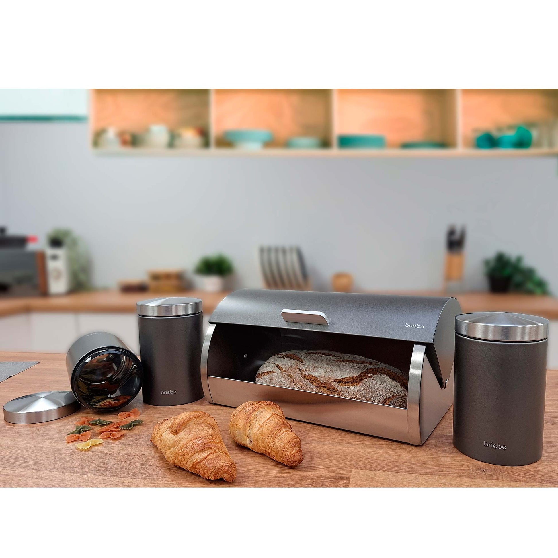 Panera De Mesa +juego 3 Botes Cocina Almacenaje Acero Inoxidable Contenedor De Pan Con Tapa, Briebe, Bb1161, Gris_1