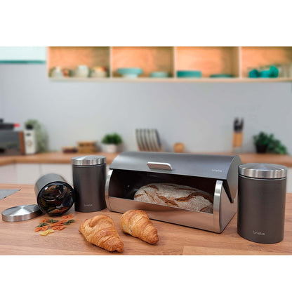 Panera De Mesa +juego 3 Botes Cocina Almacenaje Acero Inoxidable Contenedor De Pan Con Tapa, Briebe, Bb1161, Gris_1