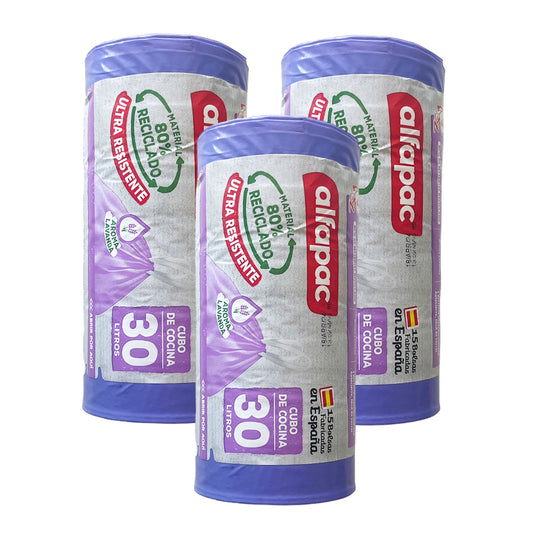 80% Reciclado 3 Rollos De 15 Bolsas De Basura 30l Con Autocierre