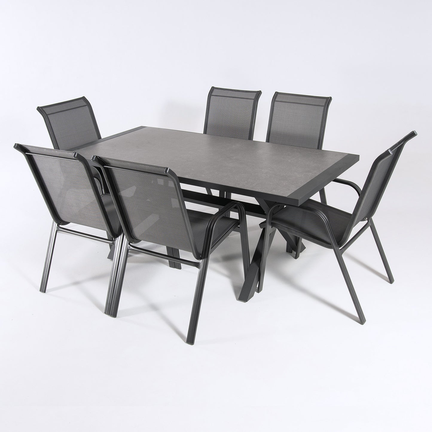 Conjunto Mesa Y Sillas De Jardín, Aluminio Reforzado Color Antracita, Mesa 180 Cm + 6 Sillones, Patas En Forma De X_2