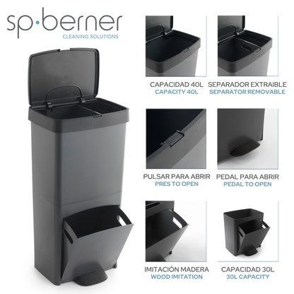 Cubo De Basura O Reciclaje 70l, Vertical, 2 Compartimentos, Papelera Residuos, 76 Cm, Fácil Gestión_3