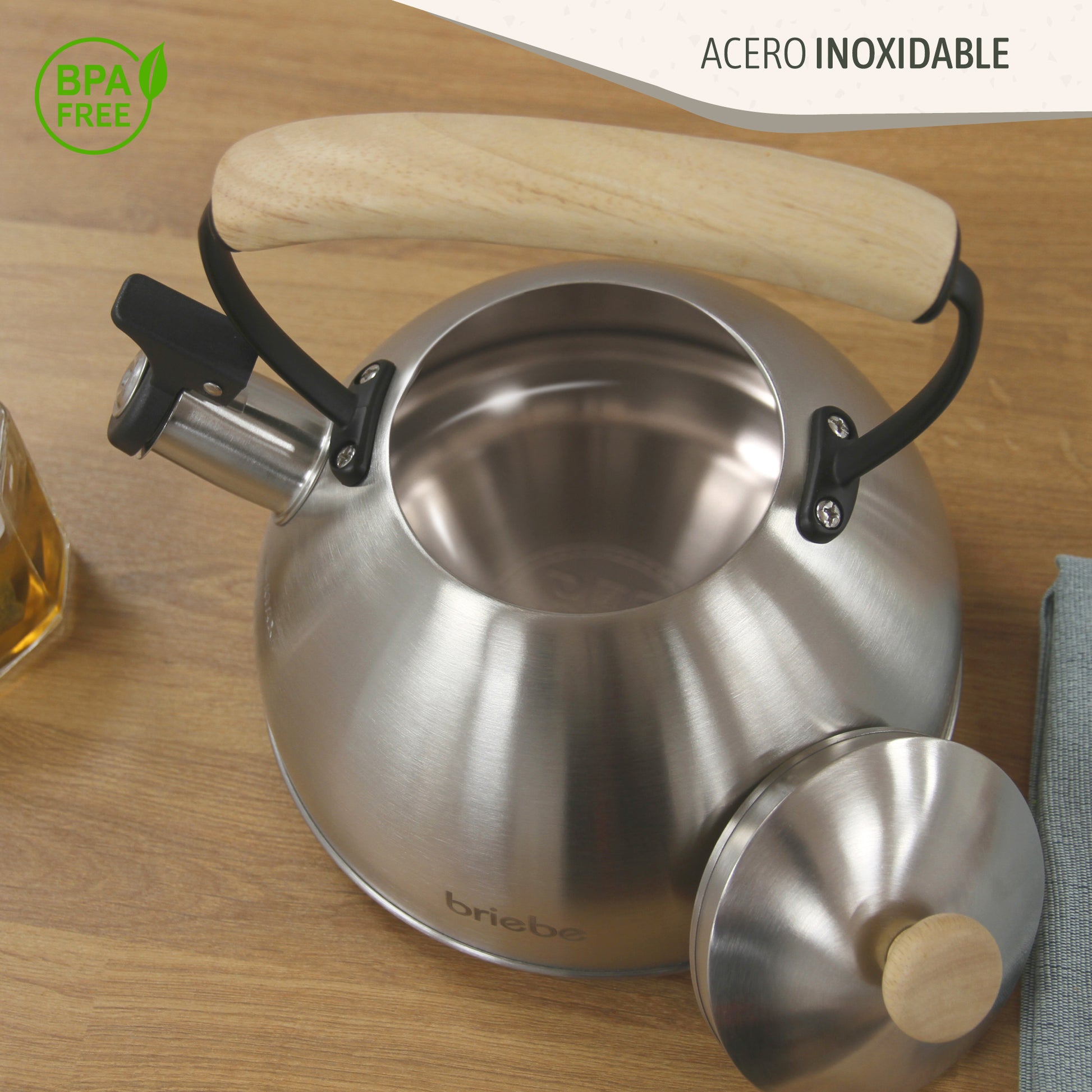Briebe Tetera Con Silbato, Hervidor De Agua 2,3l, Inducción, Acero Inox, Vintage, Mango Madera, Wooden, Acero Inox_3