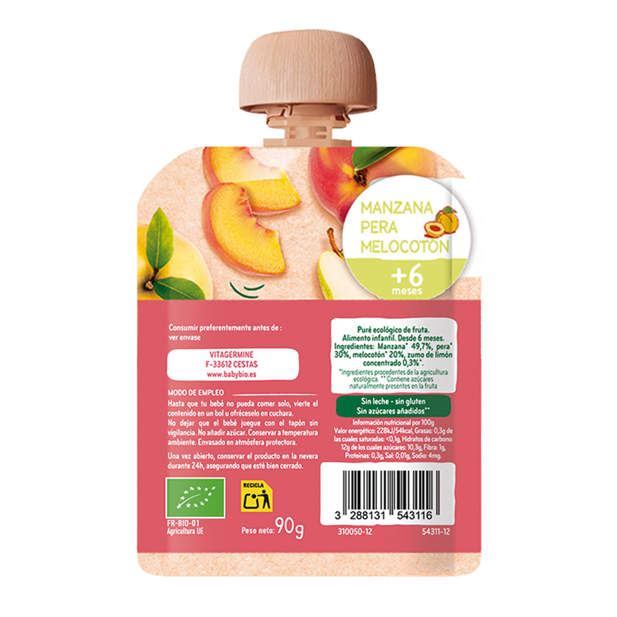 BabyBio Maçã, Pêra e Pêssego em saqueta 90g