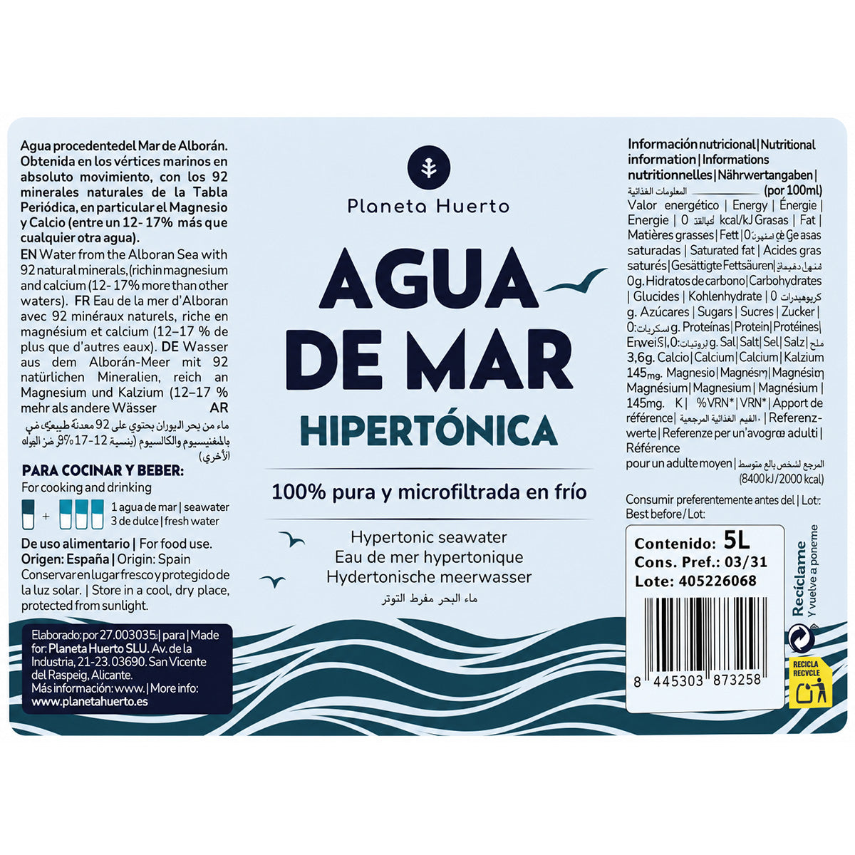Agua de Mar Hipertónica Garrafa Planeta Huerto 5 L