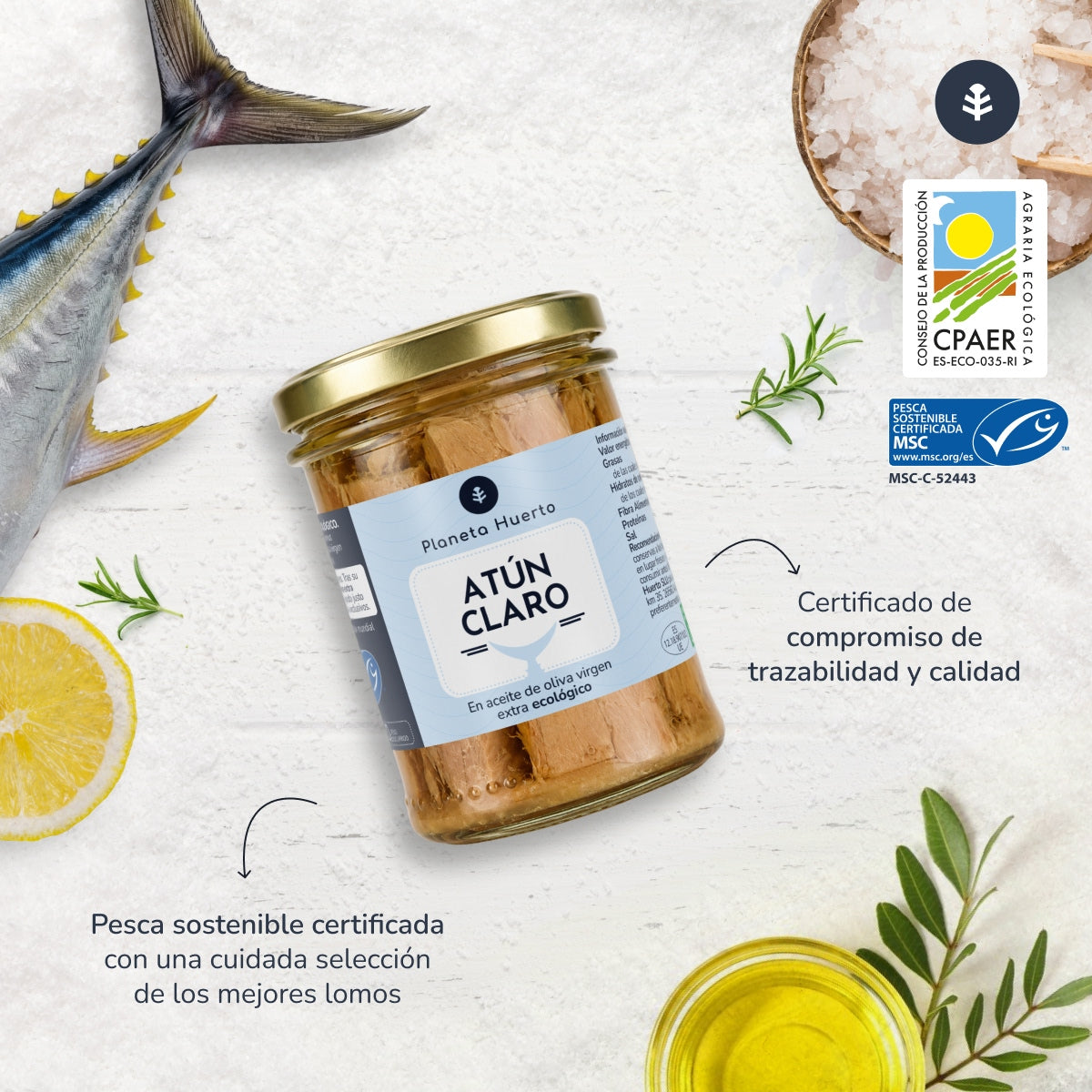 Pack 12x Atún claro MSC en aceite de oliva virgen extra ECO Planeta Huerto 200 g