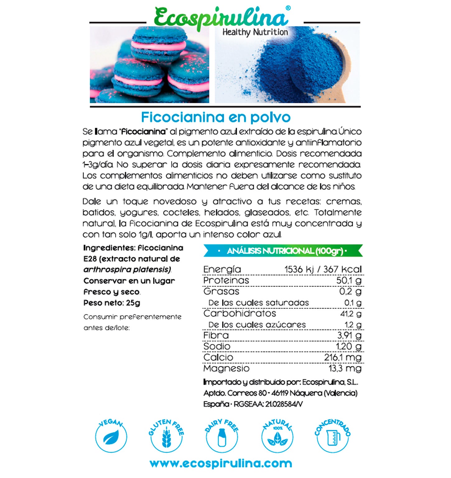 Espirulina Azul En Polvo Alta Concentración Ecospirulina 25g_1