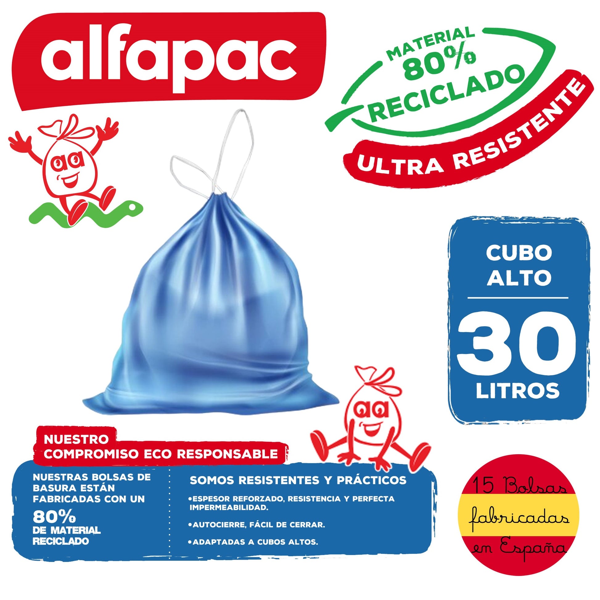 Pack de 20 Rollos de 15 Bolsas de basura Cubo alto 50x75cm 30L autocierre_1