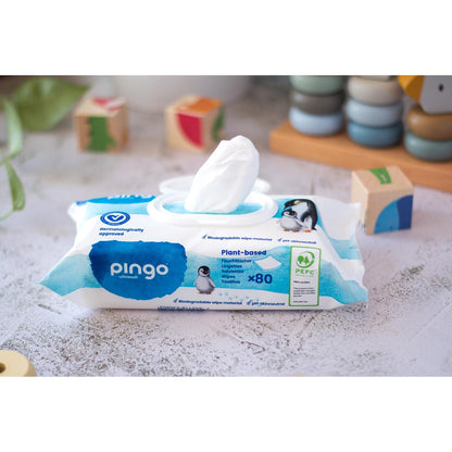 Embalagem com 12 toalhitas 100% biodegradáveis ​​​​Pingo, 80 unidades