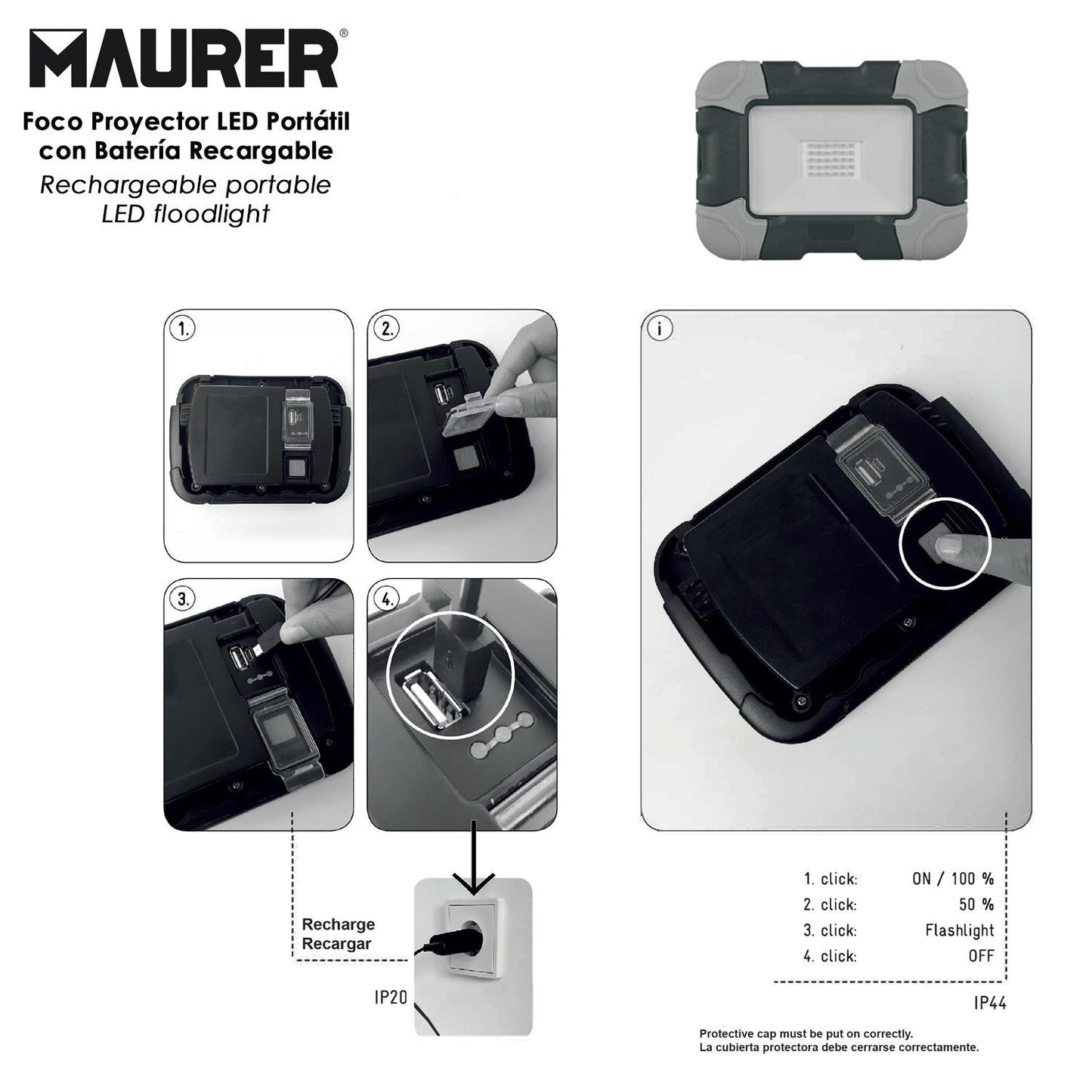 Foco Led Plano Recargable  10 Watt. 800 Lumenes Luz Blanca 4000ºk Protección Ip44. Portatil Proyector Led Obras_2