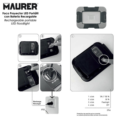 Foco Led Plano Recargable  10 Watt. 800 Lumenes Luz Blanca 4000ºk Protección Ip44. Portatil Proyector Led Obras_3
