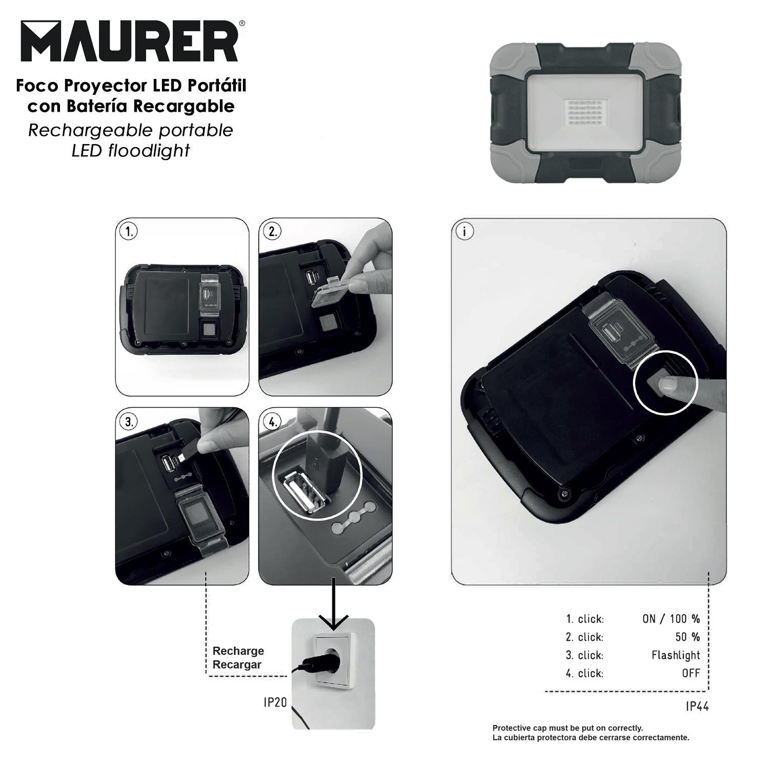 Foco Led Plano Recargable  10 Watt. 800 Lumenes Luz Blanca 4000ºk Protección Ip44. Portatil Proyector Led Obras_3