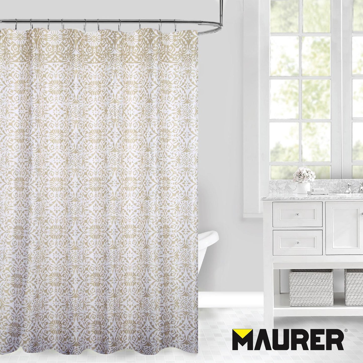 Cortina Ducha Tela Geometria Rosoni 180 X 200 Cm. Cortina Baño, Cortina Tela Impermeable Con Anillas