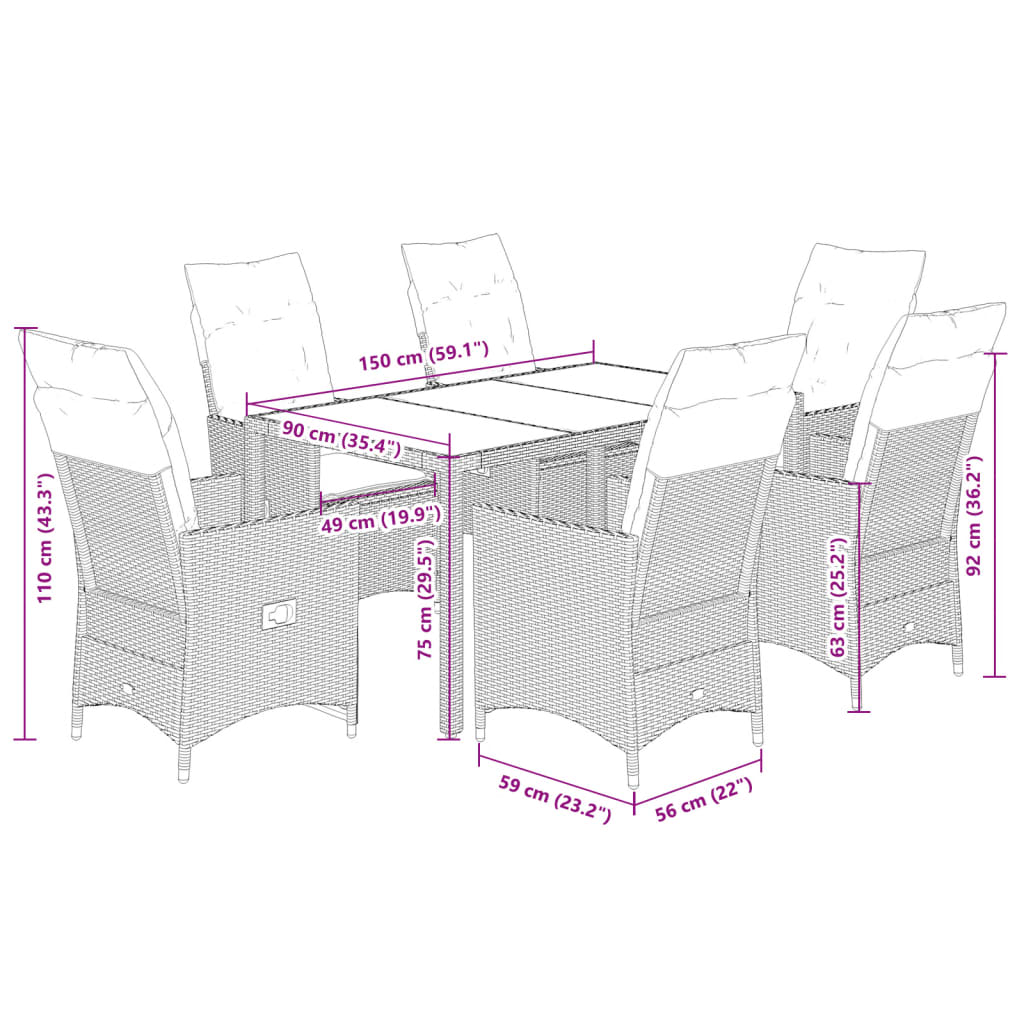 Set Comedor Jardín 7 Pzas Y Cojines Ratán Sintético Gris / Vetonek_2