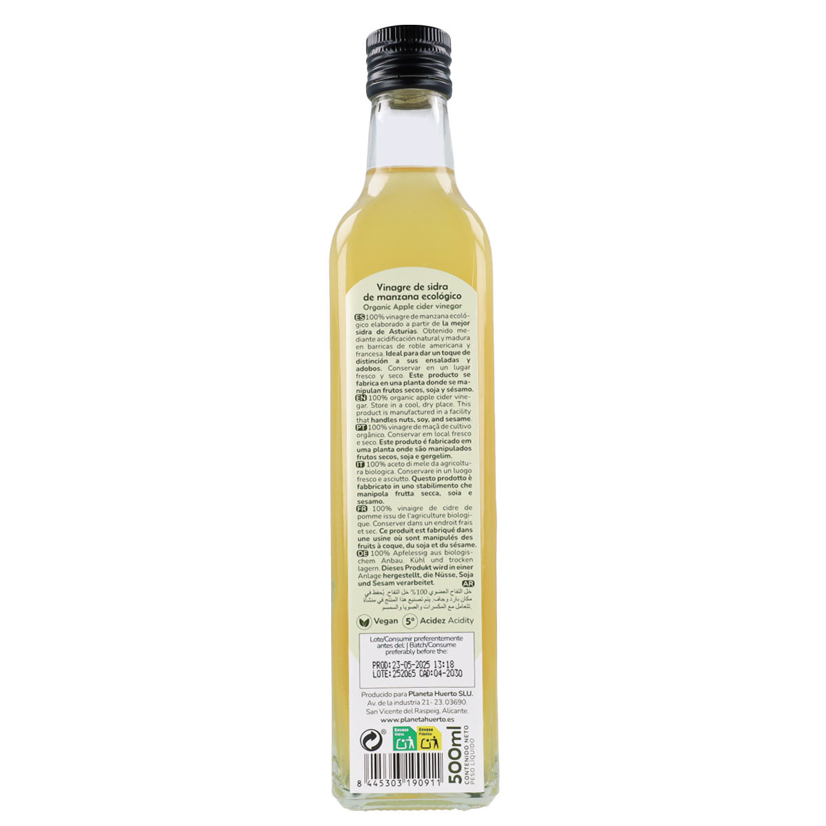 Embalagem de 6 vinagres de maçã não filtrados da Planeta Huerto, 500 ml.