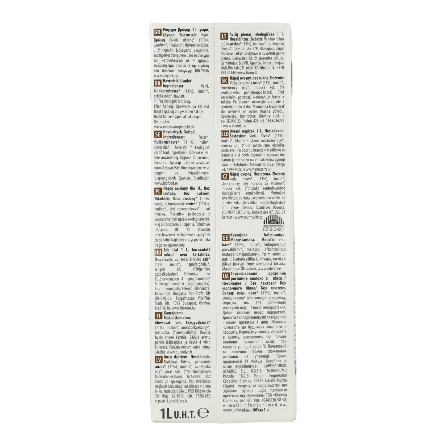 Embalagem de 6 unidades de Bebida de Aveia Integral 0% Açúcares Bio NaturGreen 1 L