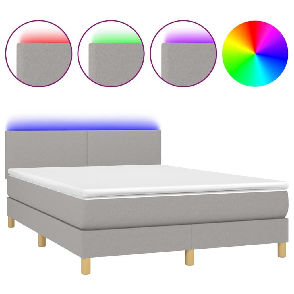 Cama Box Spring Colchón Y Luces Led Tela Gris Claro 140x190 Cm / Vetonek_0