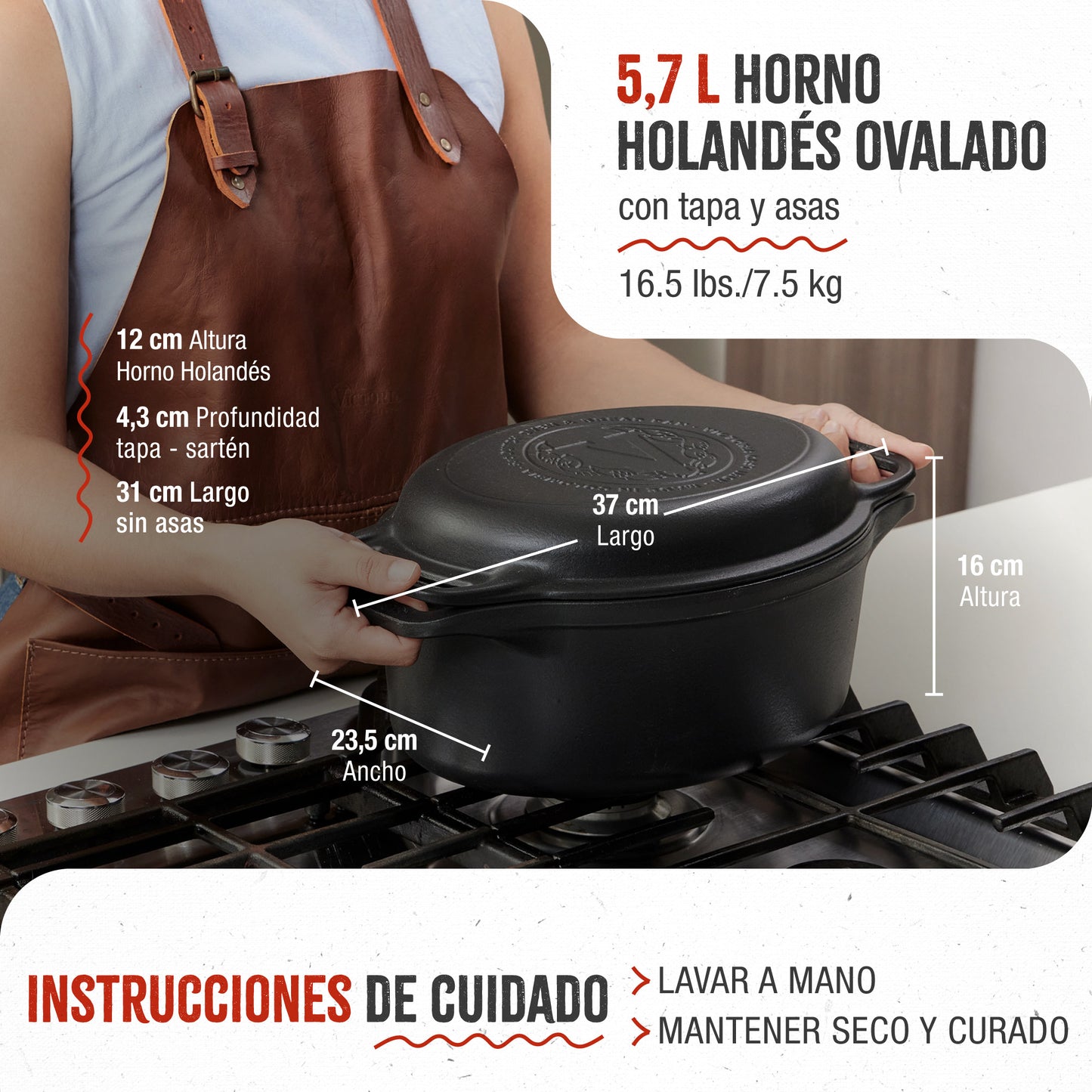Victoria Horno Holandés Olla Inducción Hierro Fundido Curado 31cm, Tapa - Sartén, 5,7l, Sin Ptfe, 38847, Negro_4