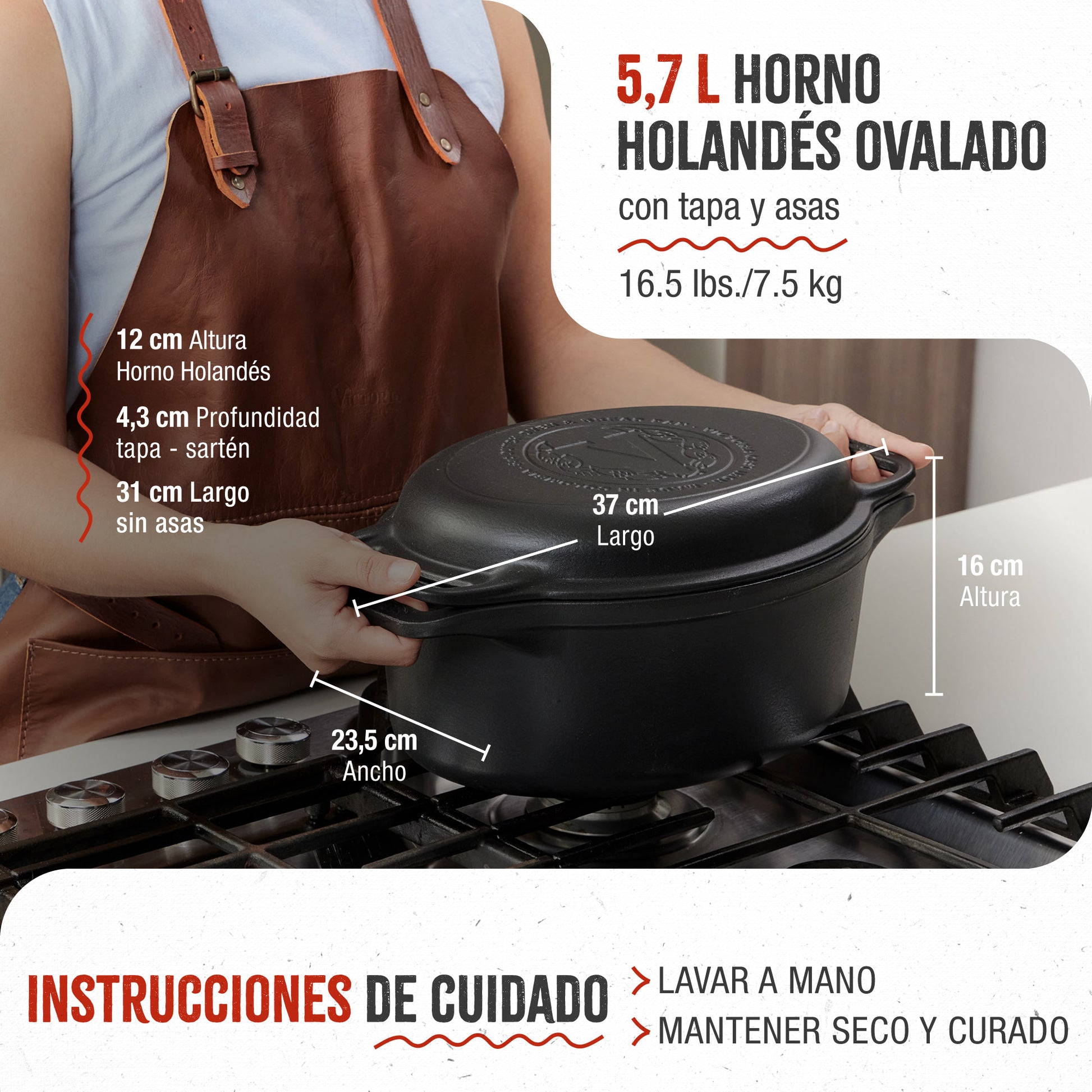 Victoria Horno Holandés Olla Inducción Hierro Fundido Curado 31cm, Tapa - Sartén, 5,7l, Sin Ptfe, 38847, Negro_4