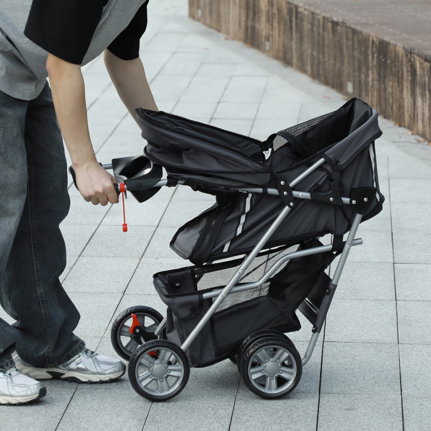Pawhut Carrito Para Perros Plegable Con Toldo Ajustable 75x45x97 Cm Gris_4