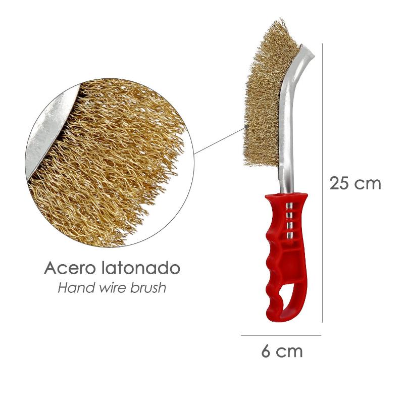 Cepillo Acero Latonado Mango Rojo 25 Cm. Cepillo Eliminación Oxido, Pintura, Pulido De Metales.