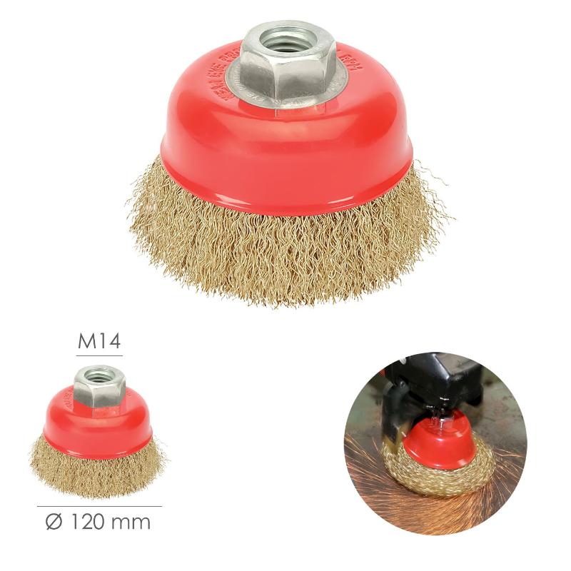 Cepillo Taza Con Alambre De Acero Latonado Rosca M14, Ø 120 Mm. Alambre De Ø 0,30 Mm.