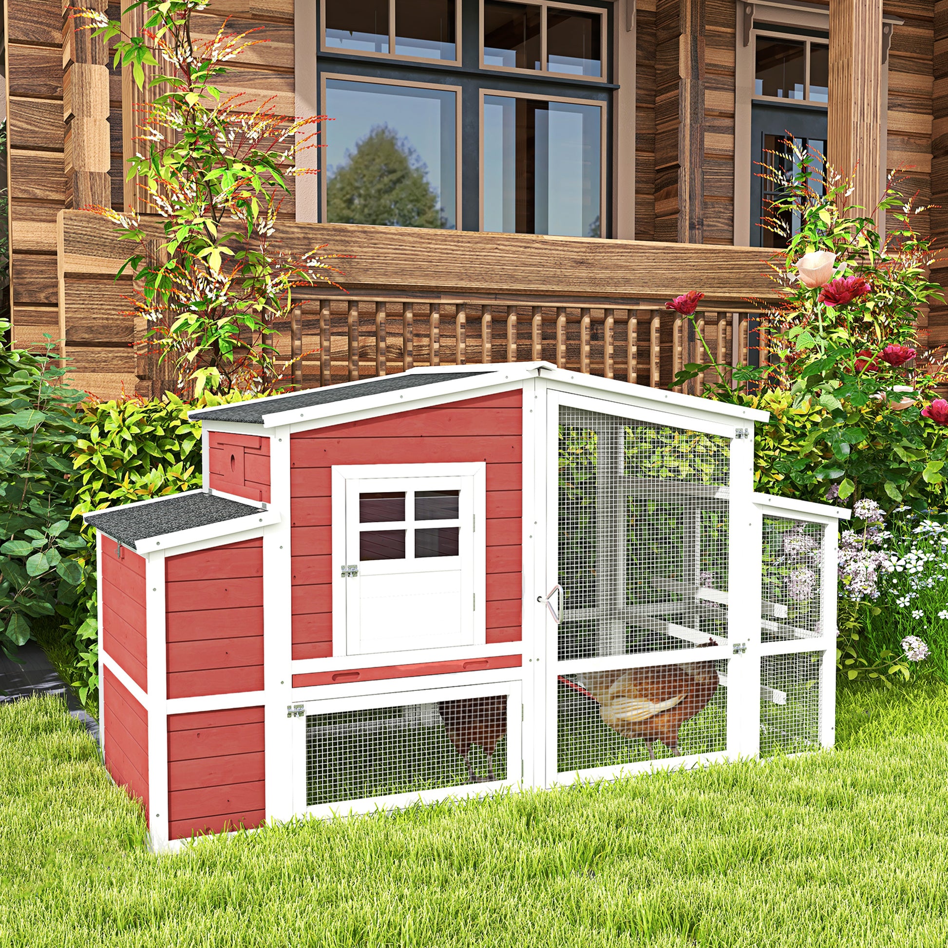 Pawhut Gallinero Con Ponedero Techo Abatible Múltiples Niveles 201x75x117cm Rojo_1