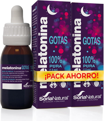 Embalagem com 2 gotas de melatonina 100% pura Soria Natural 50 ml 