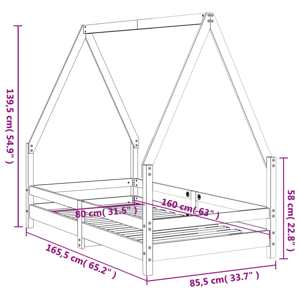 Estructura De Cama Para Niños Madera Maciza De Pino 80x160 Cm / Vetonek_2