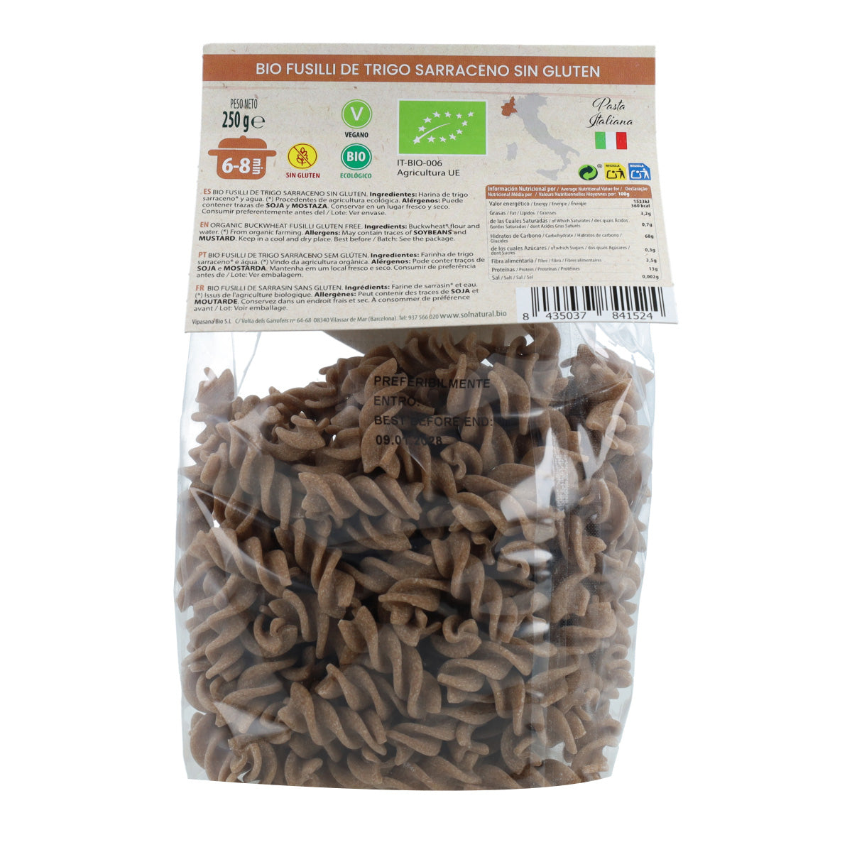 Fusilli de trigo sarraceno sin gluten bio Sol Natural 250 g